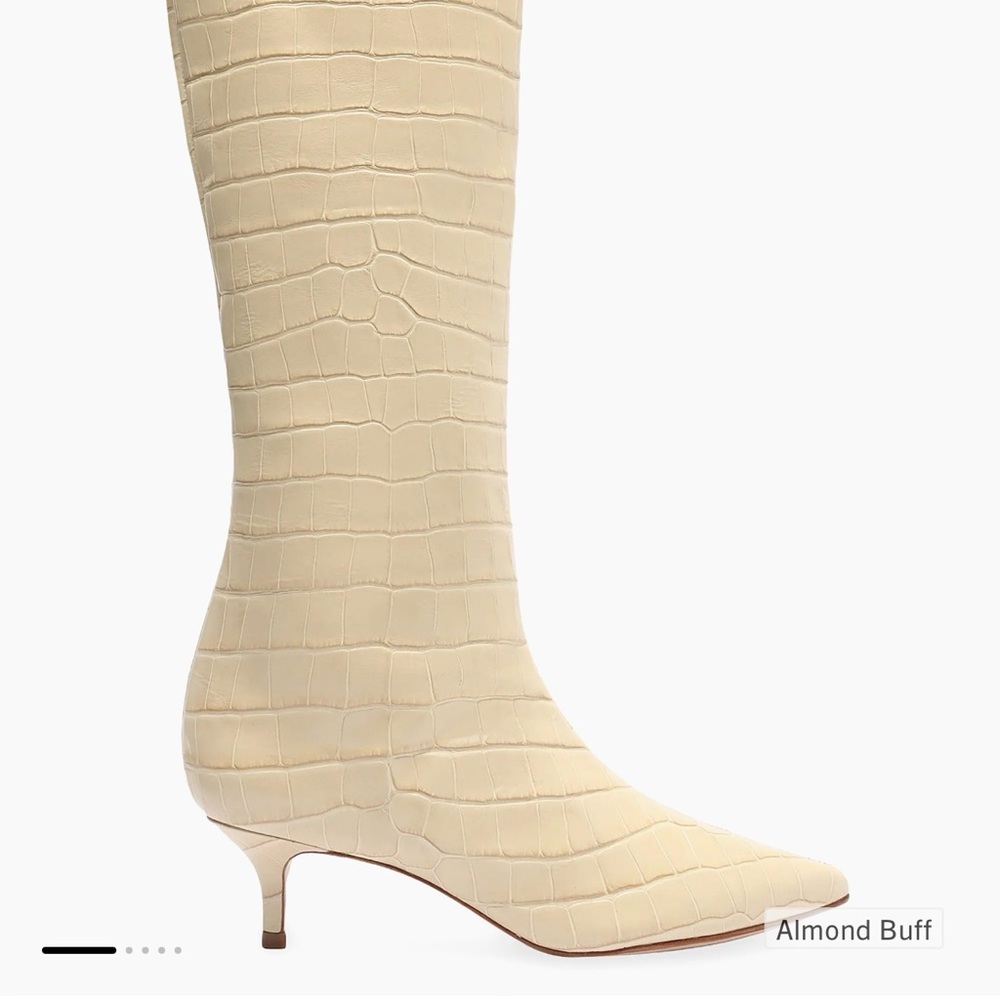 Schutz Maryana Knee High Boots Croc Embossed Cream Almond Heel Pointed Toe - Picture 2 of 9